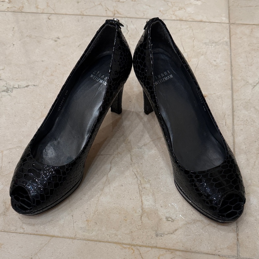 Stuart Weitzman Black Crocodile Embossed Peep-Toe Heels